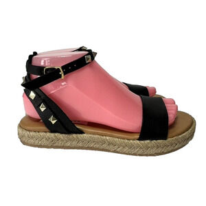 Steve Madden Sandal Womens 8 Black Studded Leather Ankle Strap Espadrille Buckle